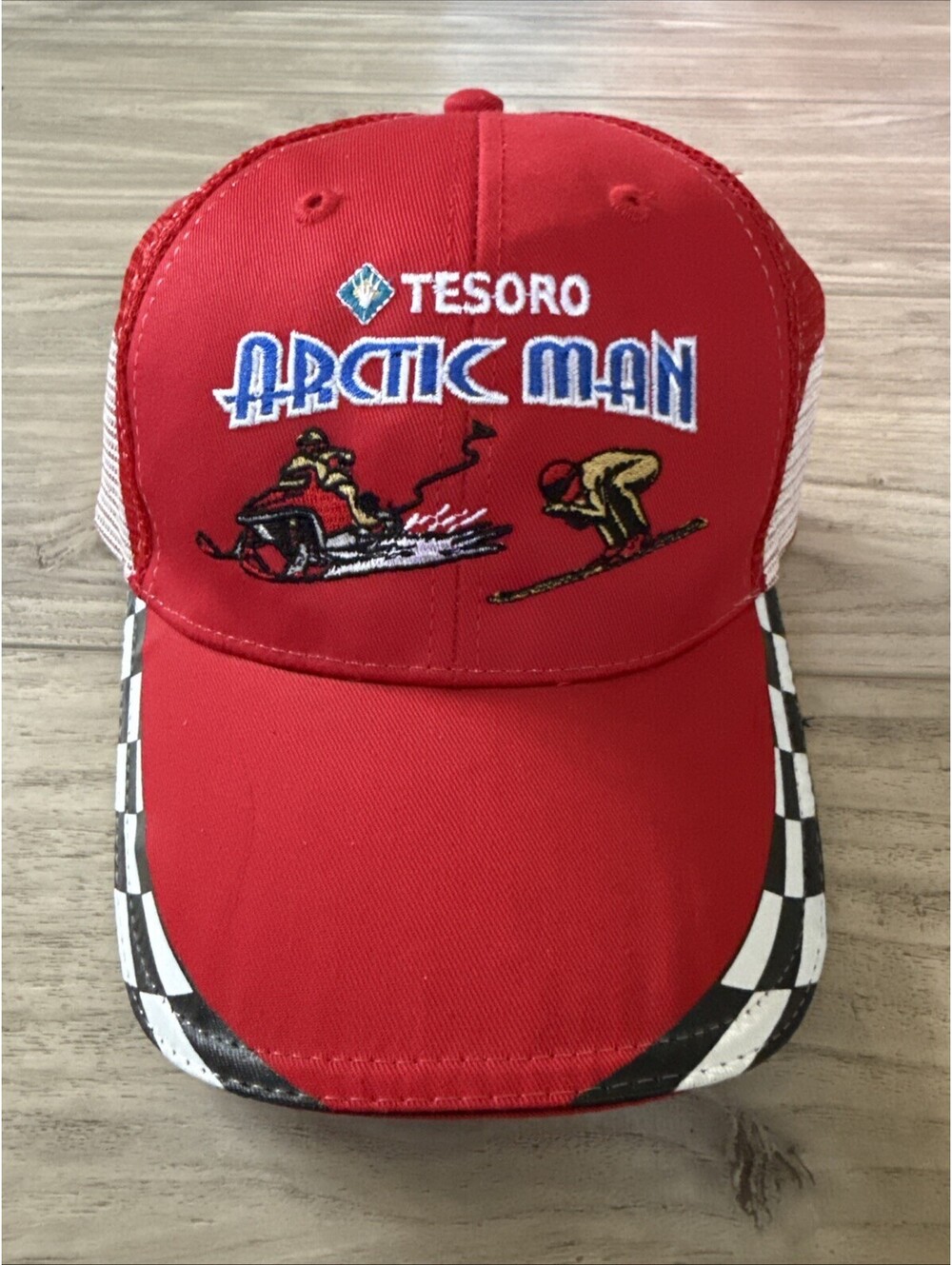 Vintage White Flames Tesoro Arctic Man Baseball Trucker Hat Red Black Checker